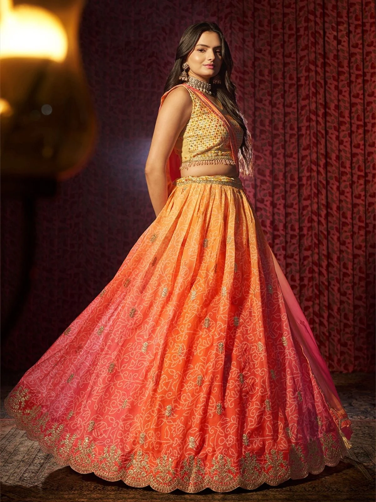 Odette Orange Organza Embroidered Semi-Stitched Lehenga For Women - Image 3
