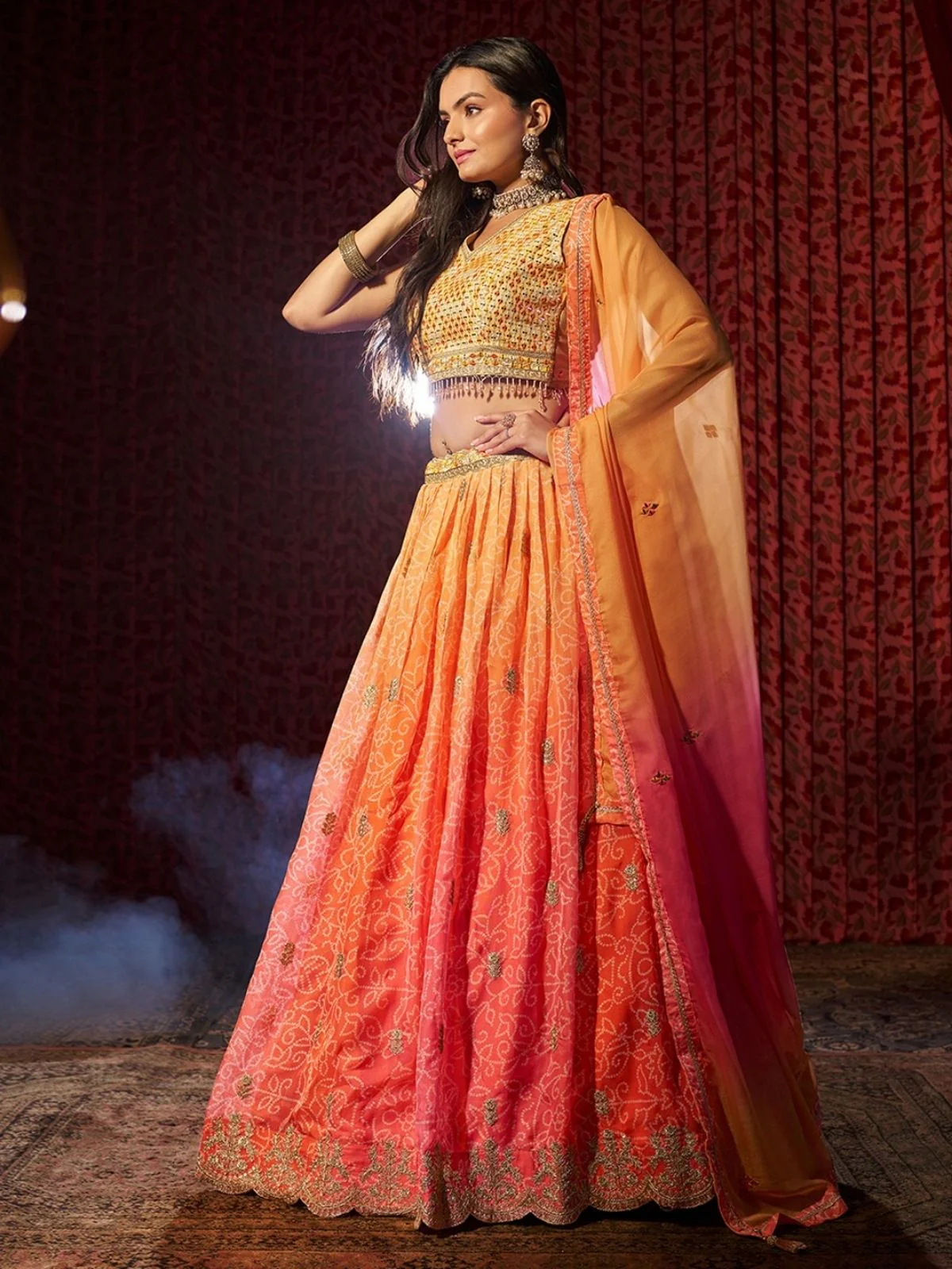 Odette Orange Organza Embroidered Semi-Stitched Lehenga For Women - Image 4