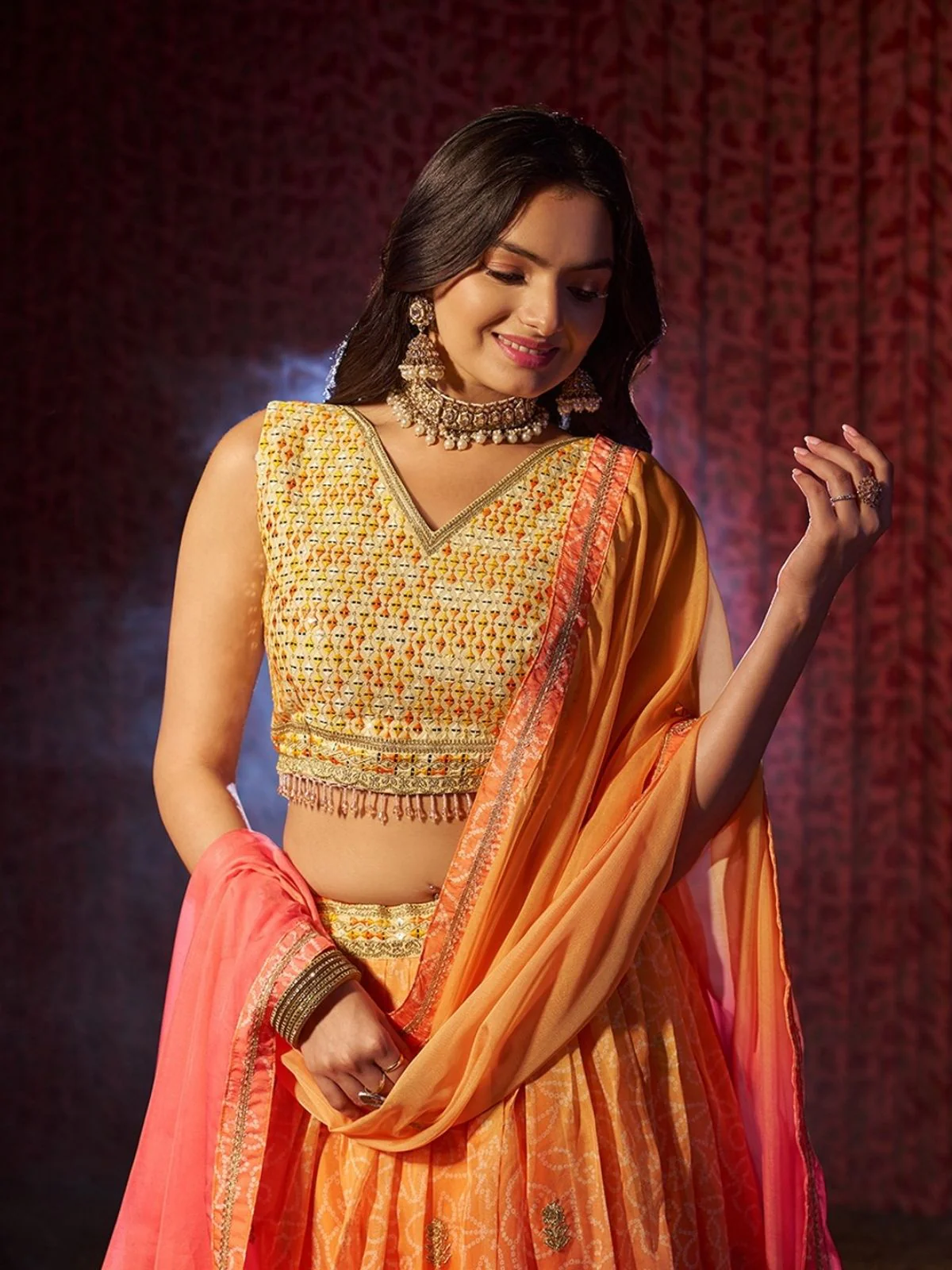 Odette Orange Organza Embroidered Semi-Stitched Lehenga For Women - Image 5