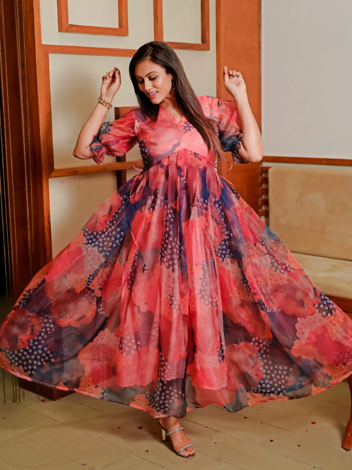Odette Orange Organza Printed Indo Western Dress For Women - Image 2