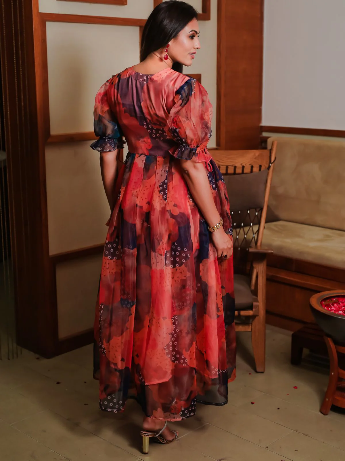 Odette Orange Organza Printed Indo Western Dress For Women - Image 4