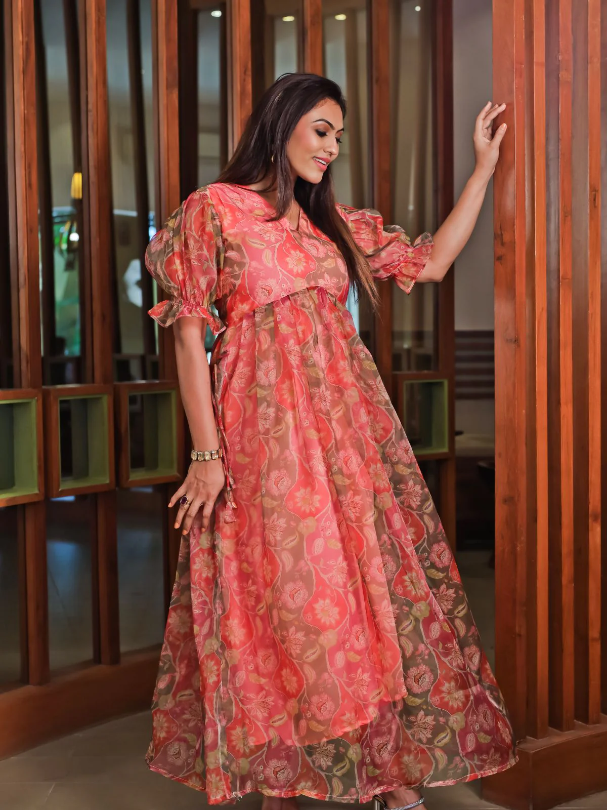 Odette Orange Organza Printed Indo Western Dress For Women - Image 3