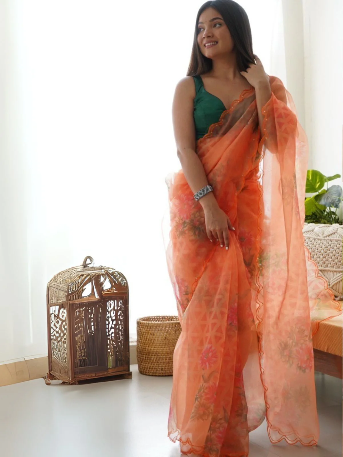 Odette Orange Organza Printed Saree With Unstitched Blouse For Women