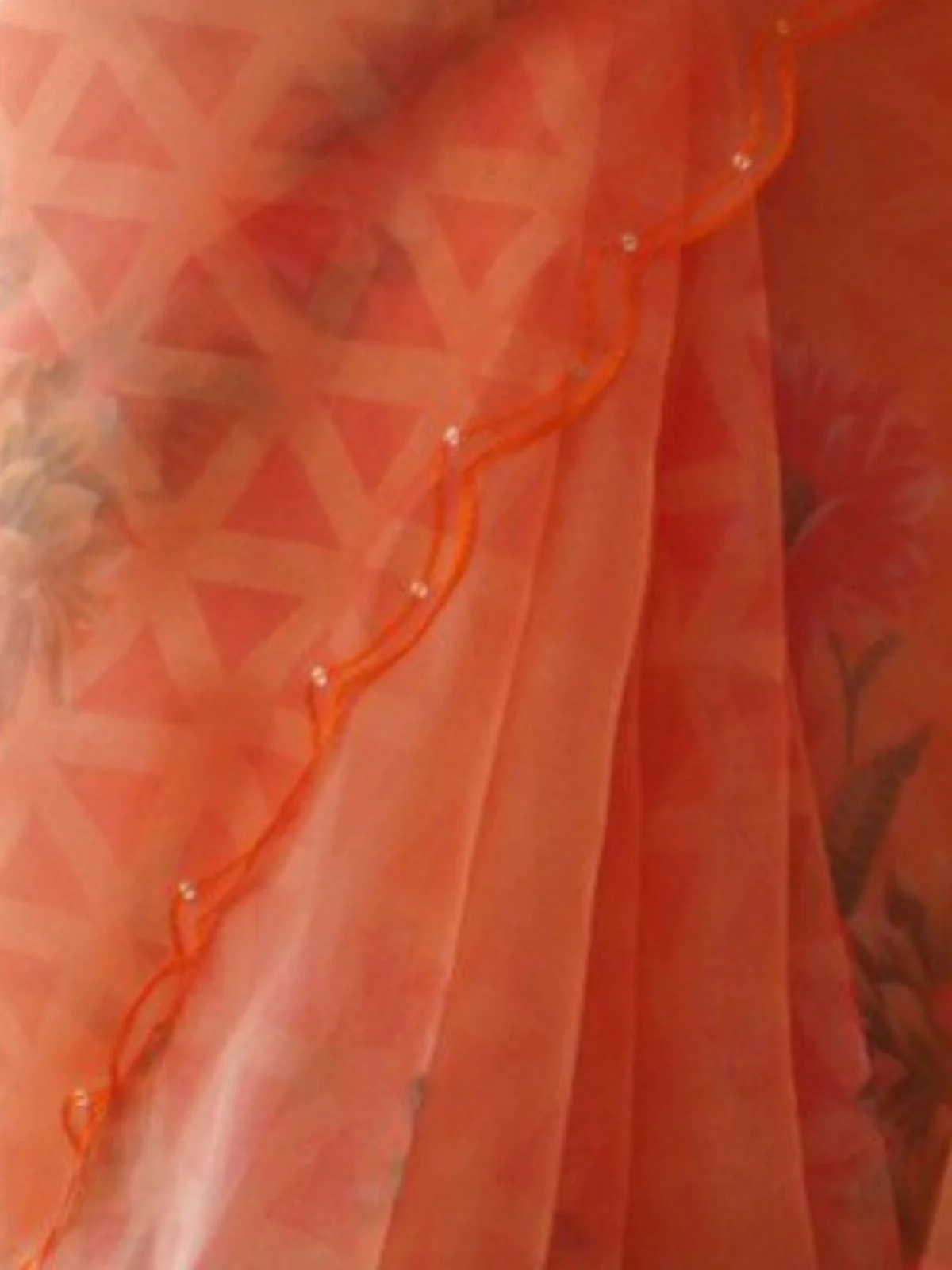 Odette Orange Organza Printed Saree With Unstitched Blouse For Women - Image 3
