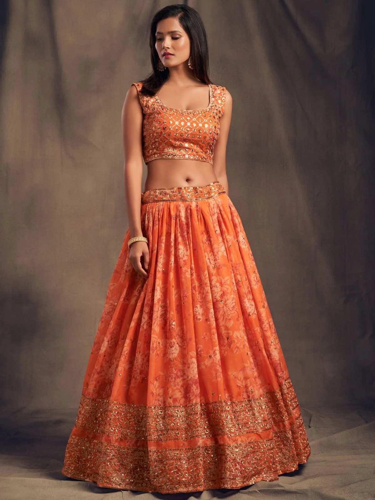 Odette Orange Organza Printed Semi Stitched Lehenga With Unstitched Blouse For Women - Image 3