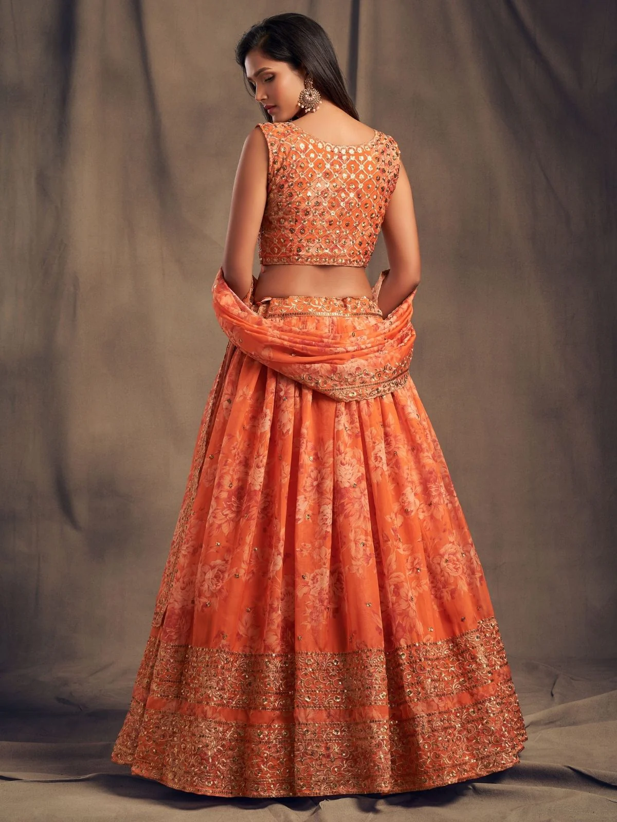 Odette Orange Organza Printed Semi Stitched Lehenga With Unstitched Blouse For Women - Image 4