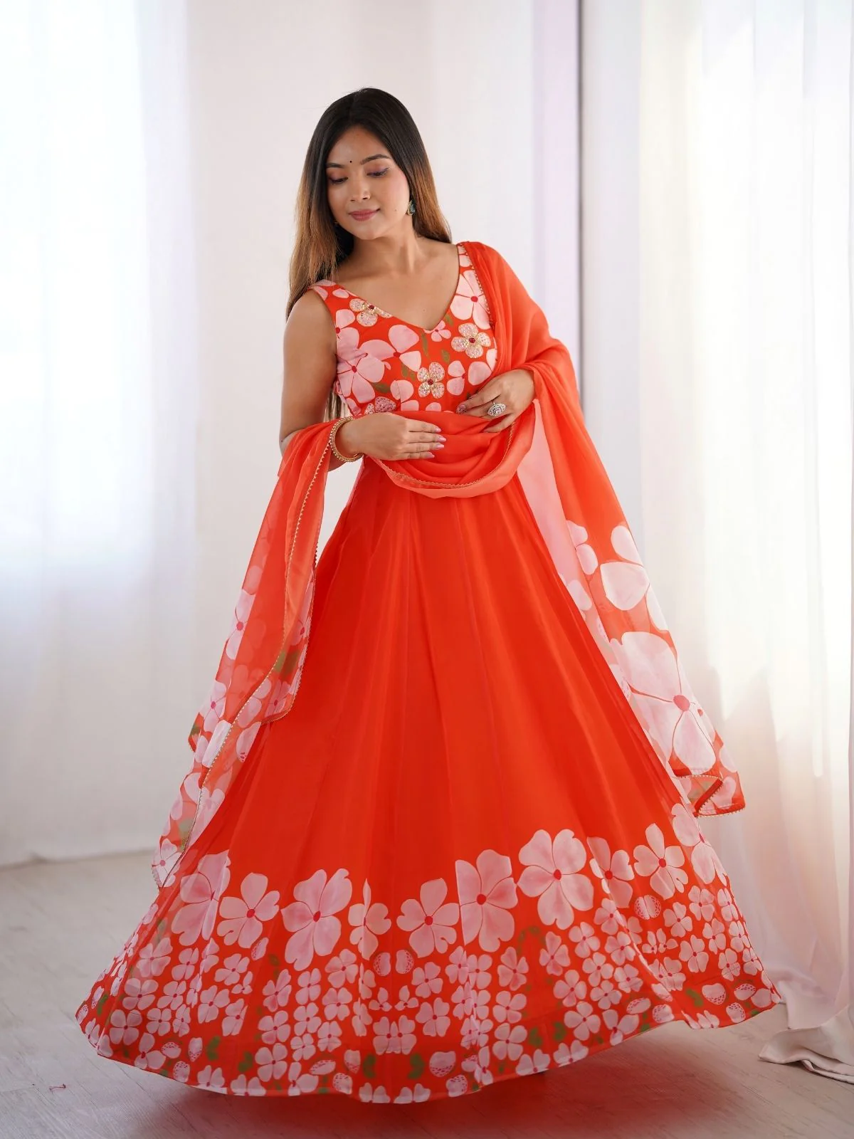 Odette Orange Organza Printed Stitched Gown With Dupatta For Women