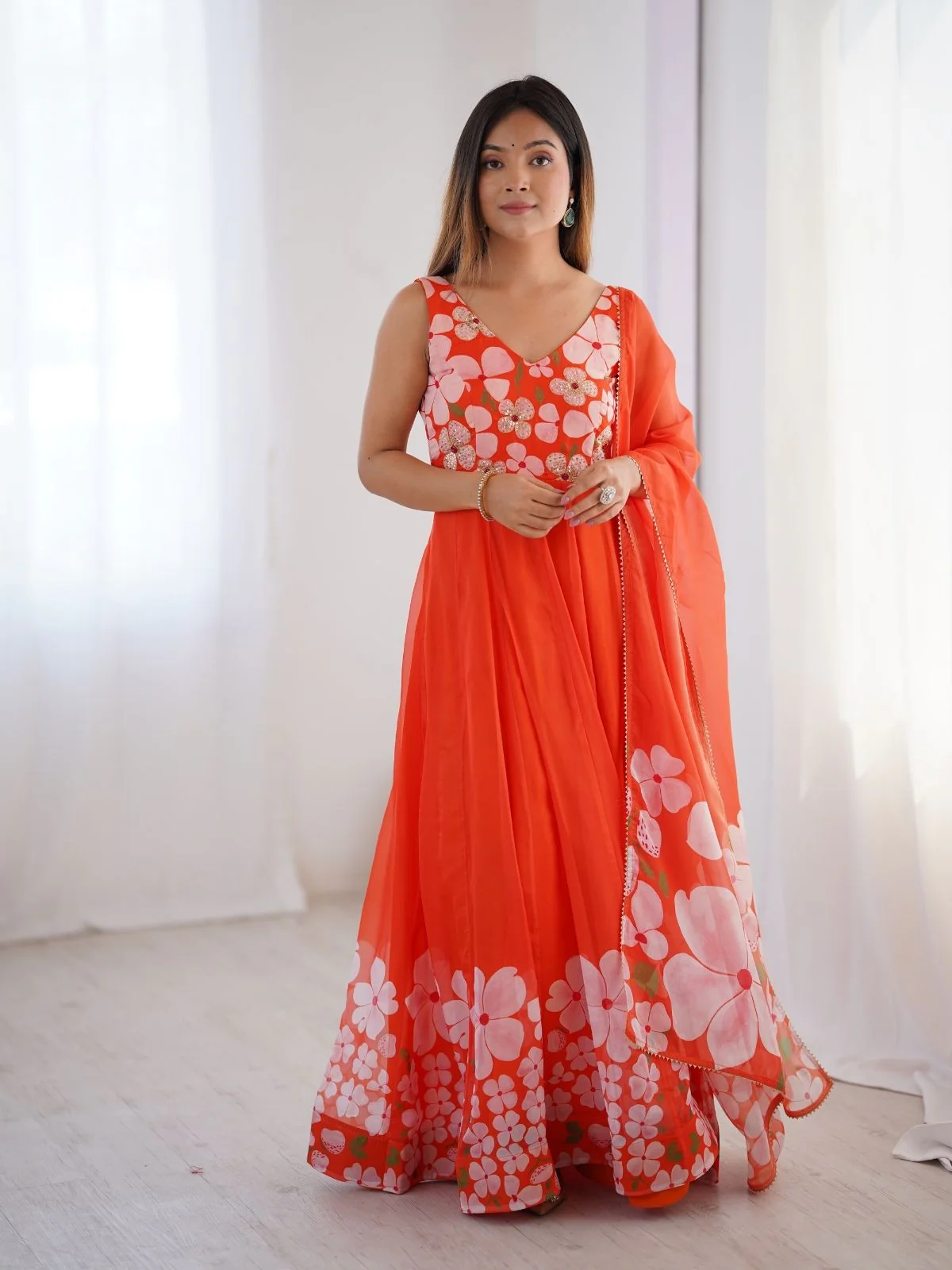 Odette Orange Organza Printed Stitched Gown With Dupatta For Women - Image 2