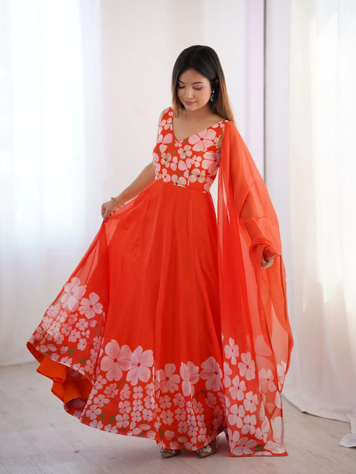 Odette Orange Organza Printed Stitched Gown With Dupatta For Women - Image 3