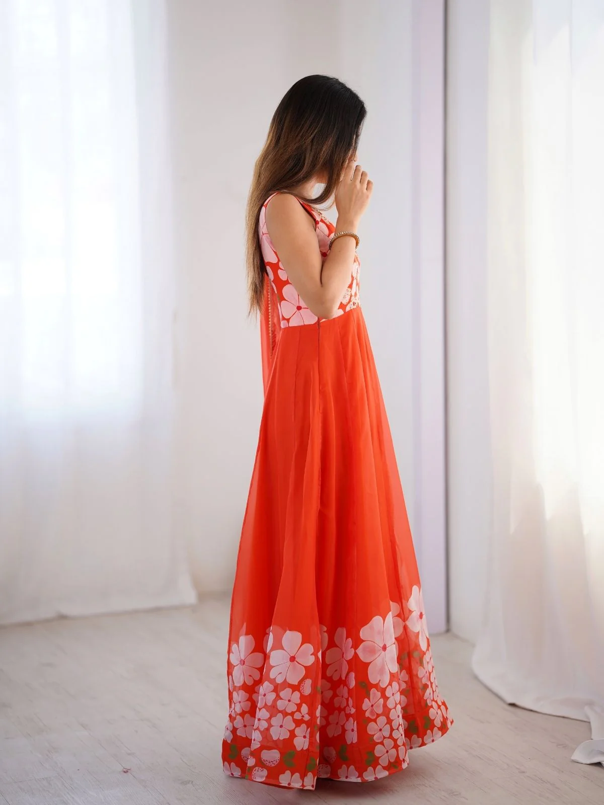 Odette Orange Organza Printed Stitched Gown With Dupatta For Women - Image 4
