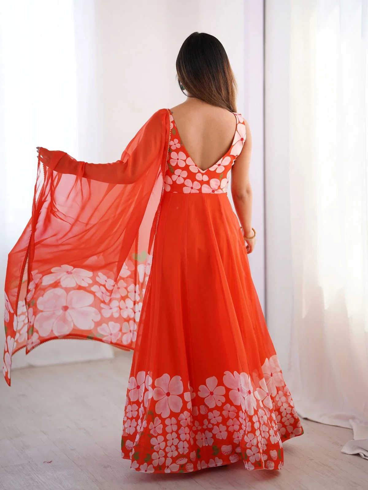 Odette Orange Organza Printed Stitched Gown With Dupatta For Women - Image 6