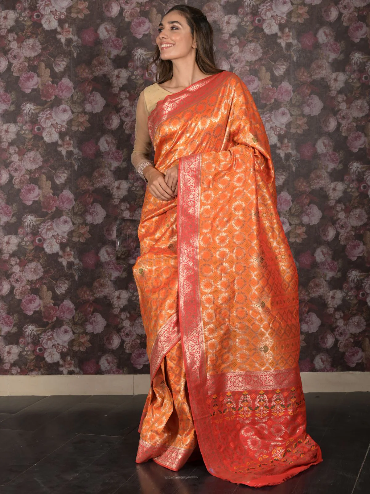Odette Orange Patola Silk Woven Saree with Unstitched Blouse for Women - Image 2