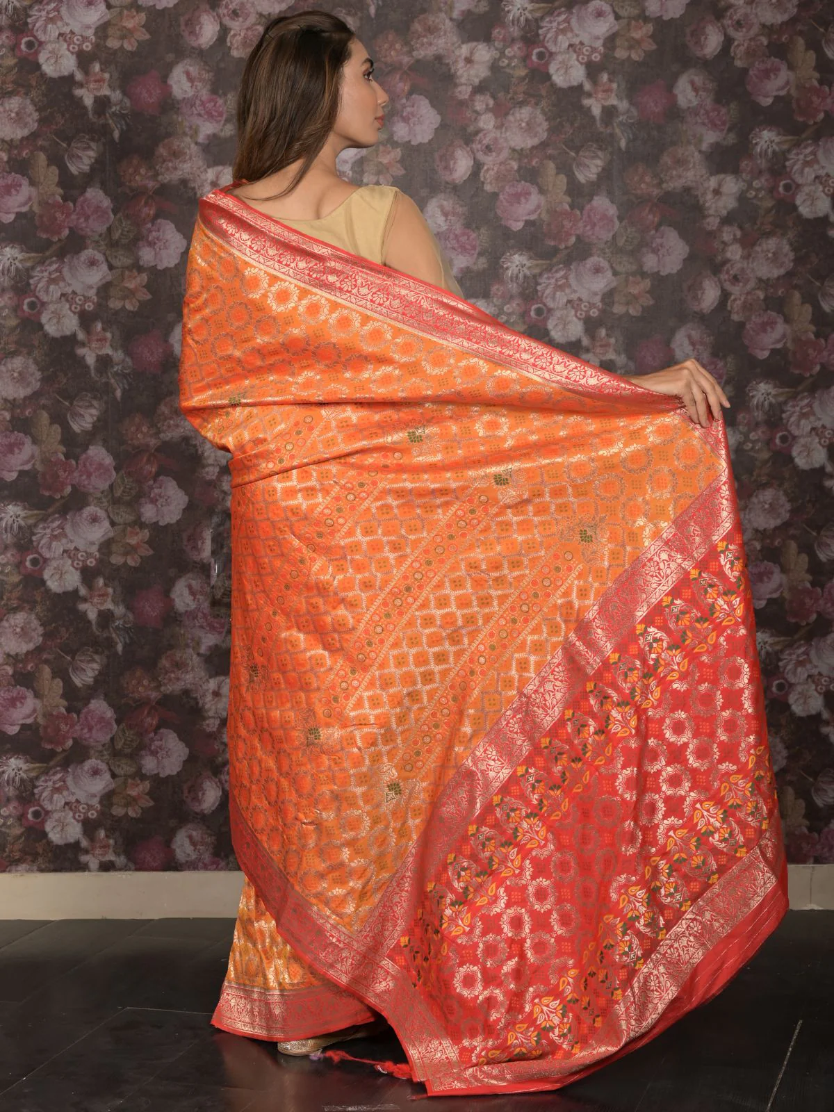 Odette Orange Patola Silk Woven Saree with Unstitched Blouse for Women - Image 4