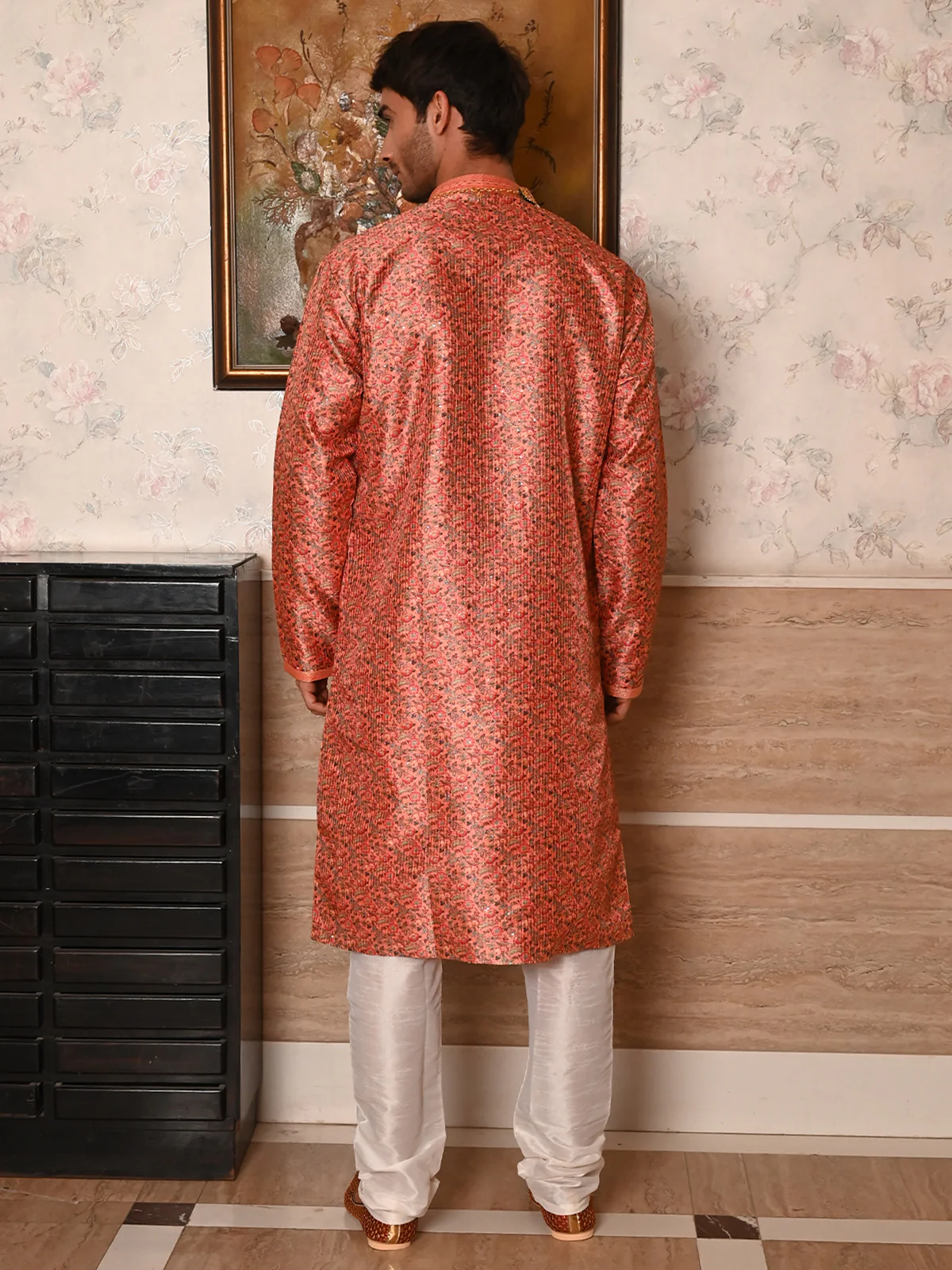 Odette Orange Printed Embroidered Silk Blend Traditional Kurta Set For Men - Image 4