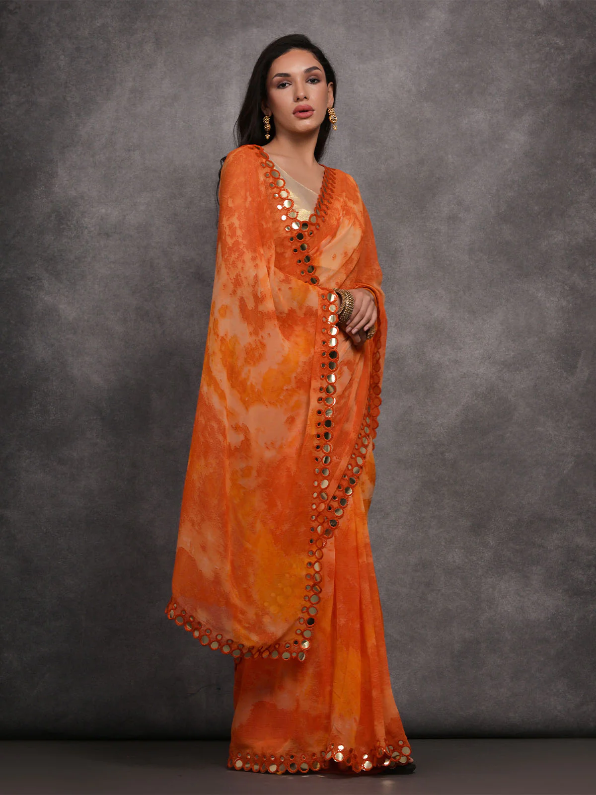 Odette Orange Printed Georgette Saree With Unstitched Blouse For Women - Image 3