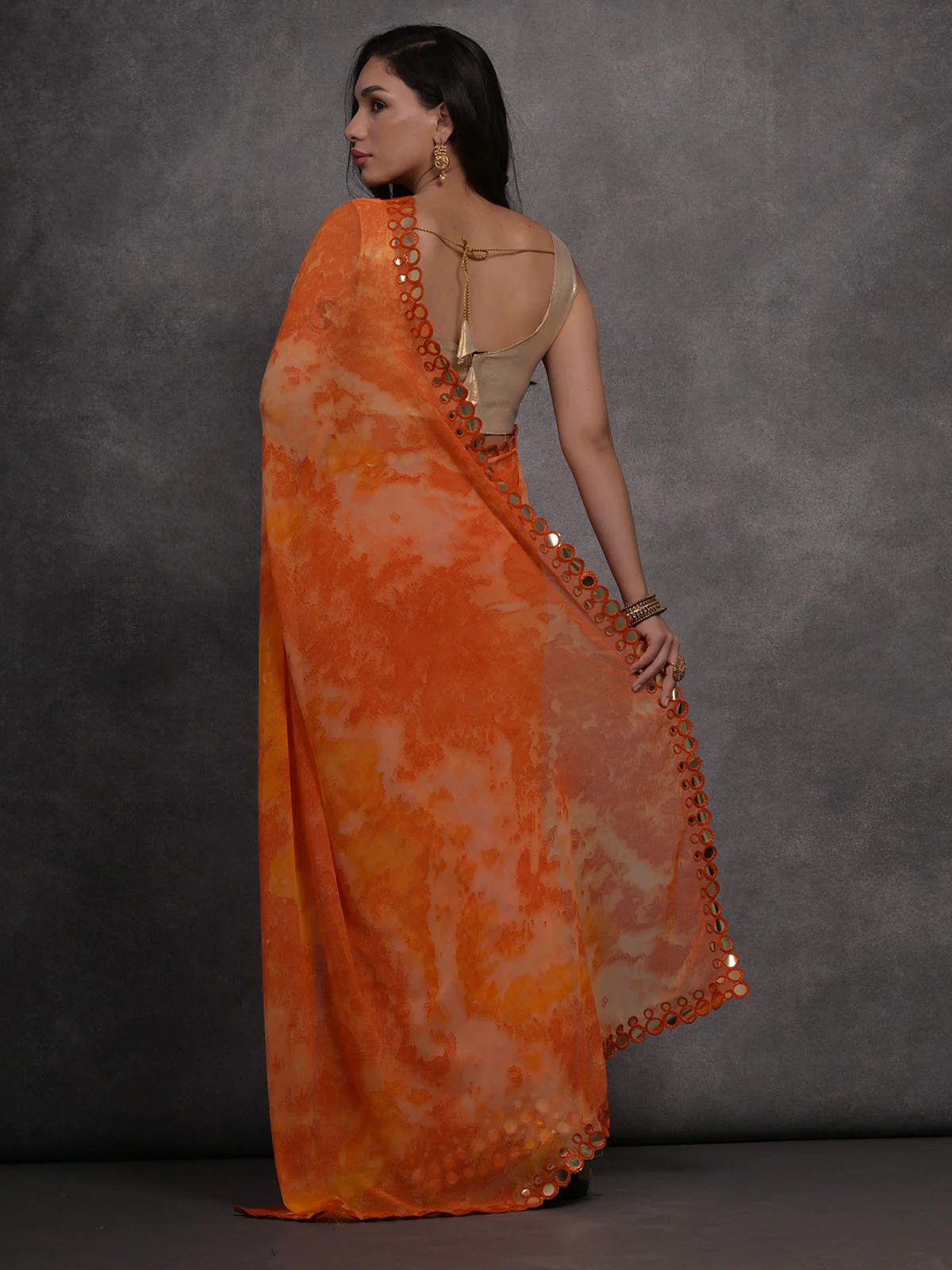 Odette Orange Printed Georgette Saree With Unstitched Blouse For Women - Image 5