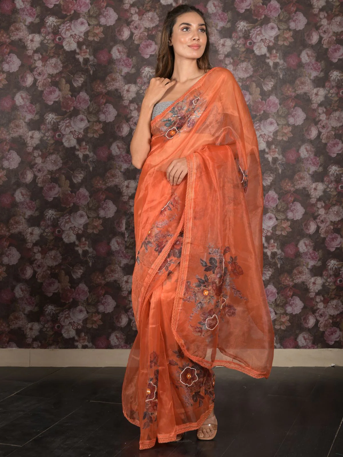 Odette Orange Printed Organza Saree With Unstitched Blouse For Women - Image 2