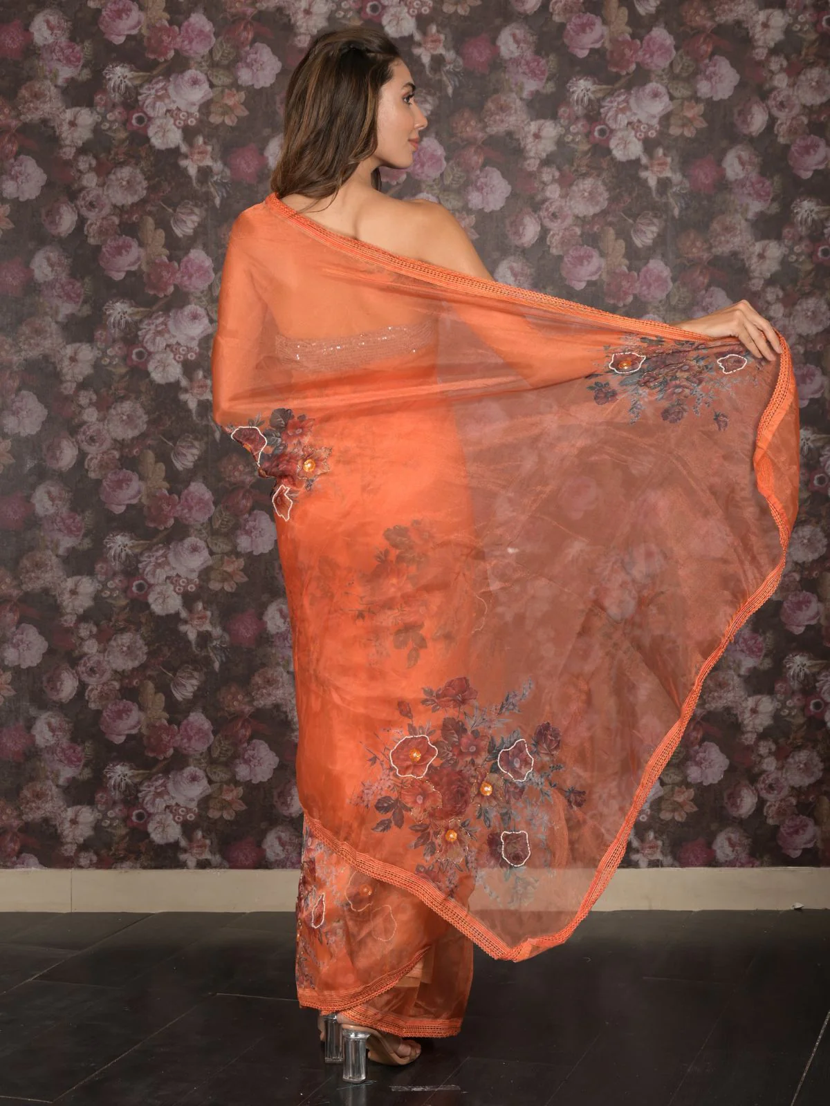 Odette Orange Printed Organza Saree With Unstitched Blouse For Women - Image 3