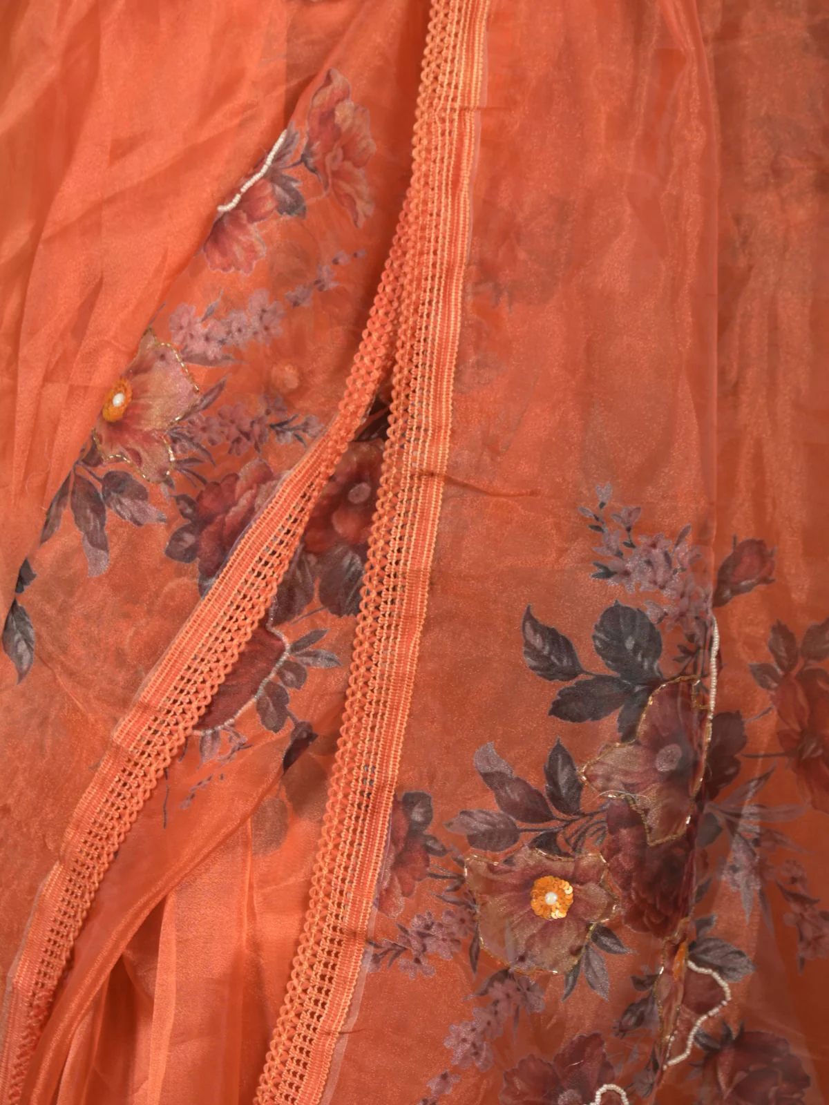 Odette Orange Printed Organza Saree With Unstitched Blouse For Women - Image 5