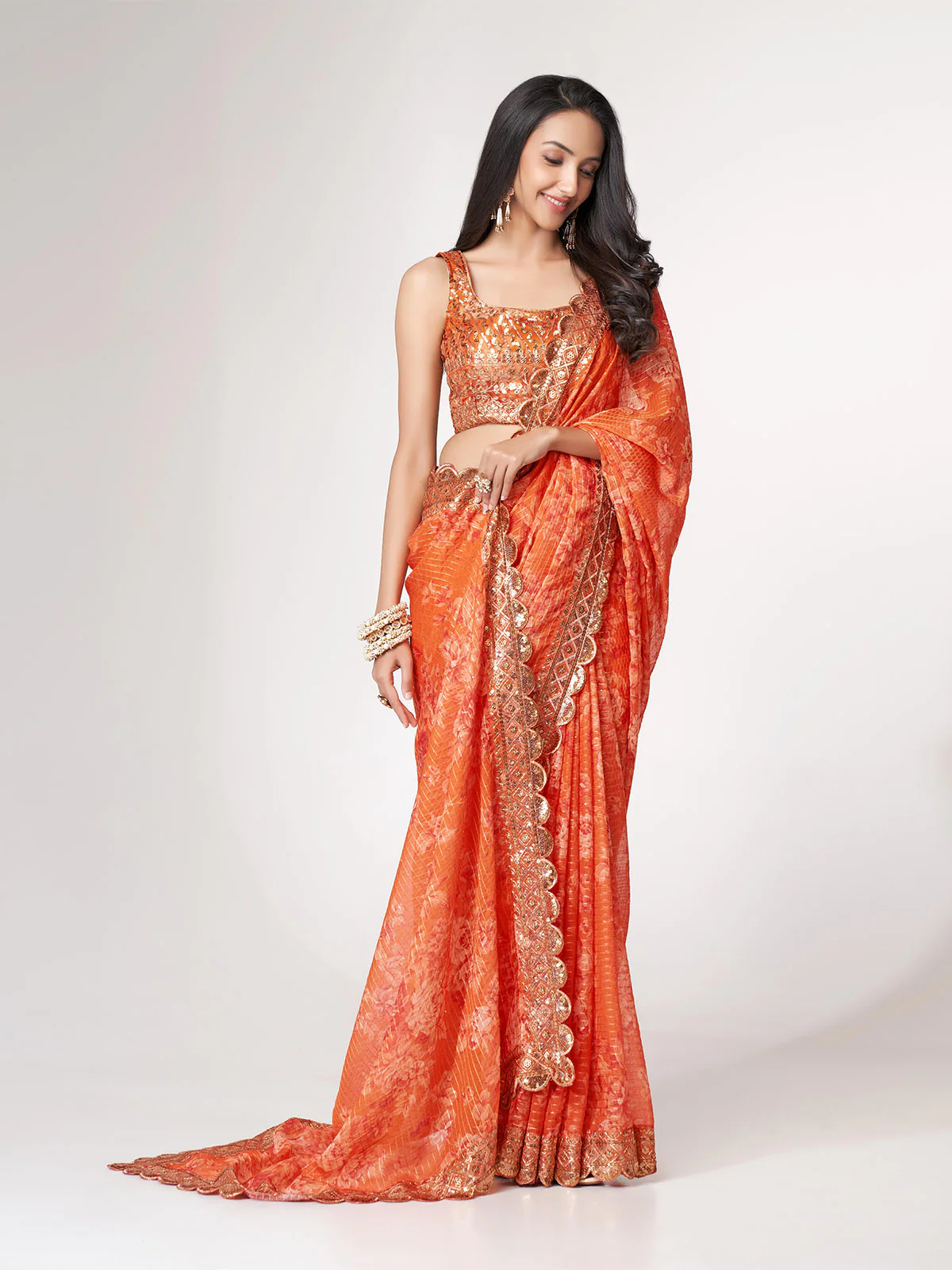 Odette Orange Printed Organza Saree With Unstitched Blouse For Women - Image 2