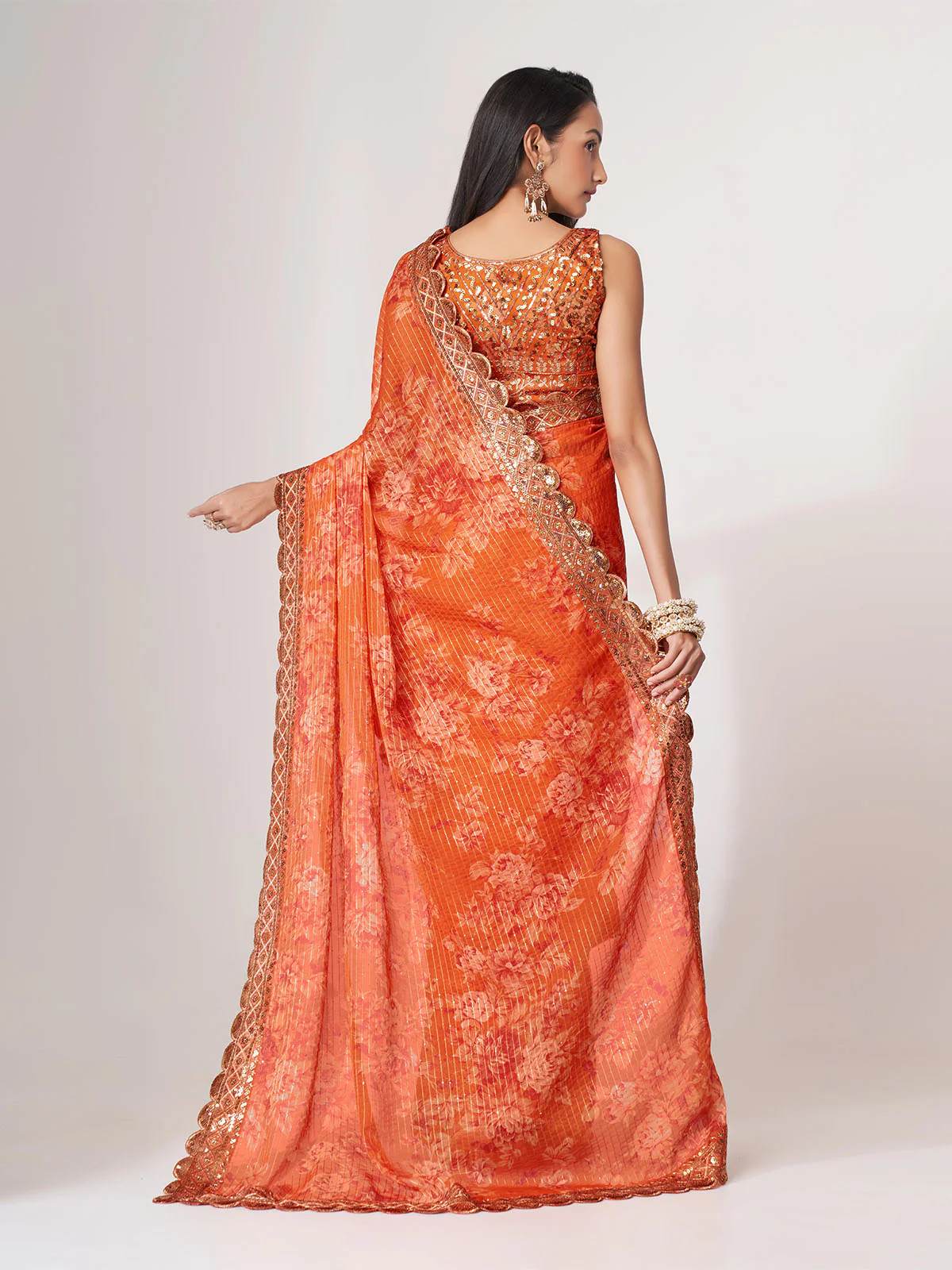 Odette Orange Printed Organza Saree With Unstitched Blouse For Women - Image 4