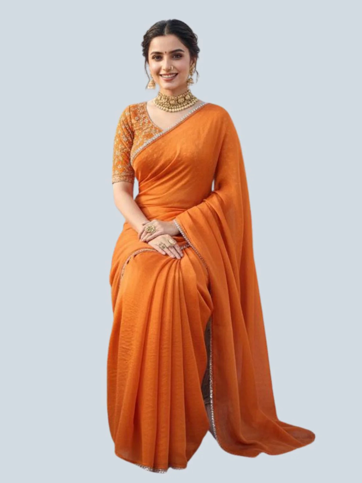 Odette Orange Satin Embroidered Saree For Women - Image 3