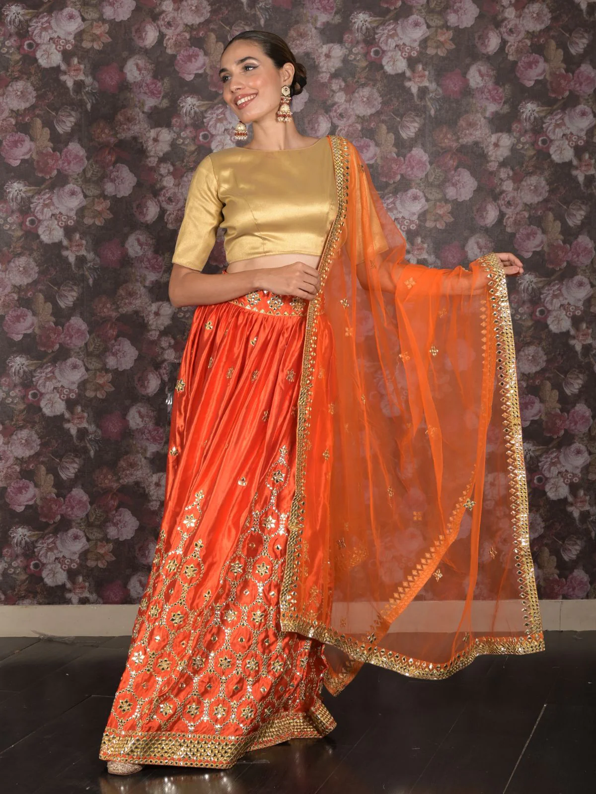 Odette Orange Satin Embroidered Semi Stitched Lehenga With Unstitched Blouse For Women - Image 3