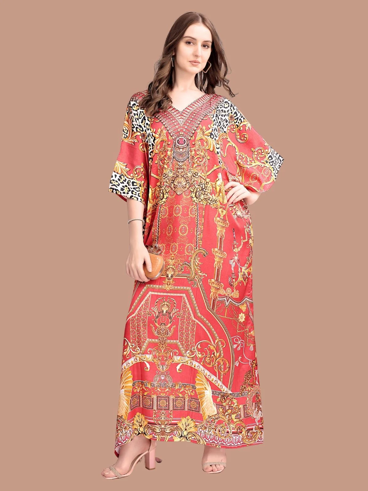Odette Orange Satin Printed Kaftan For Women