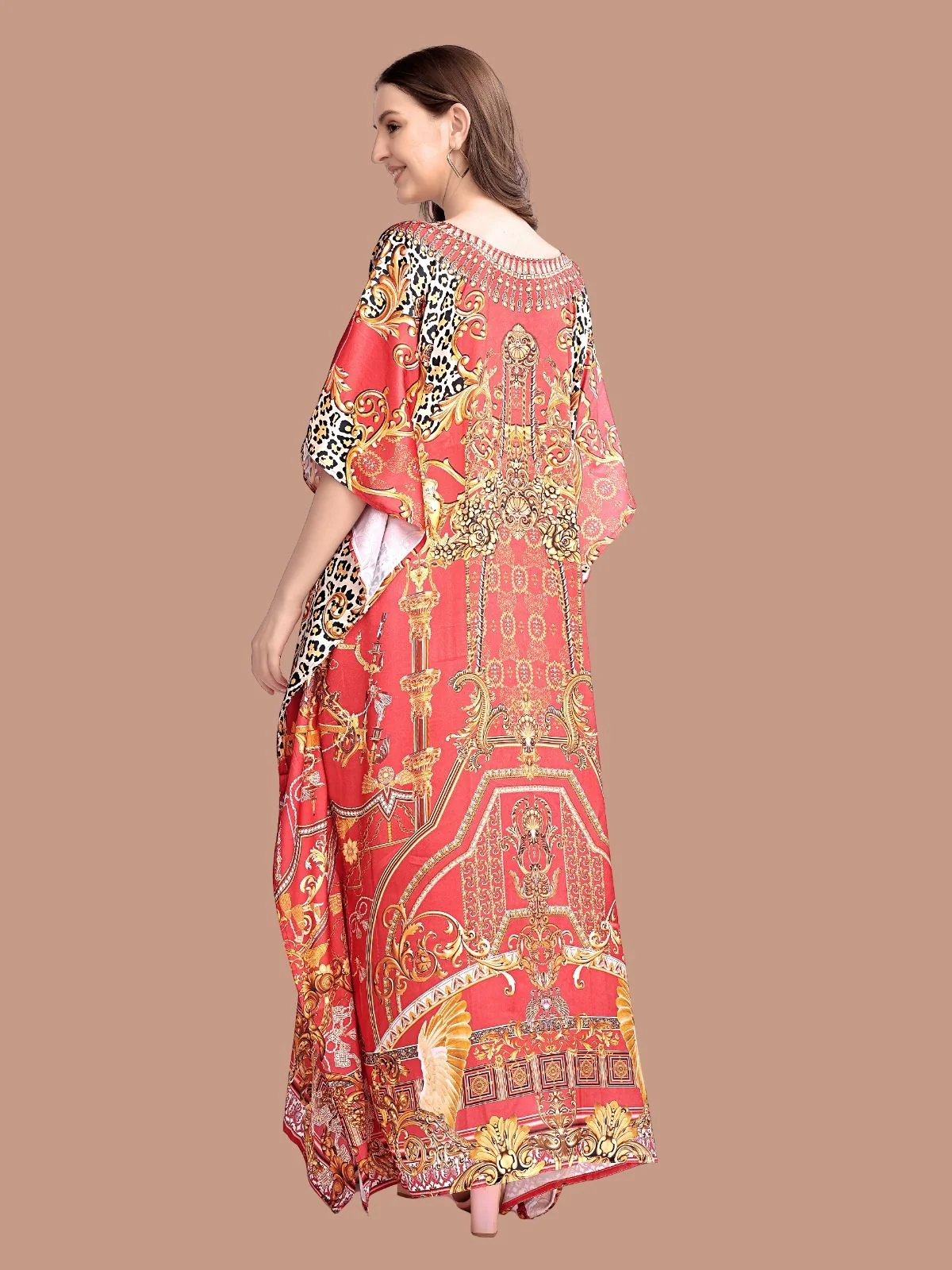 Odette Orange Satin Printed Kaftan For Women - Image 3