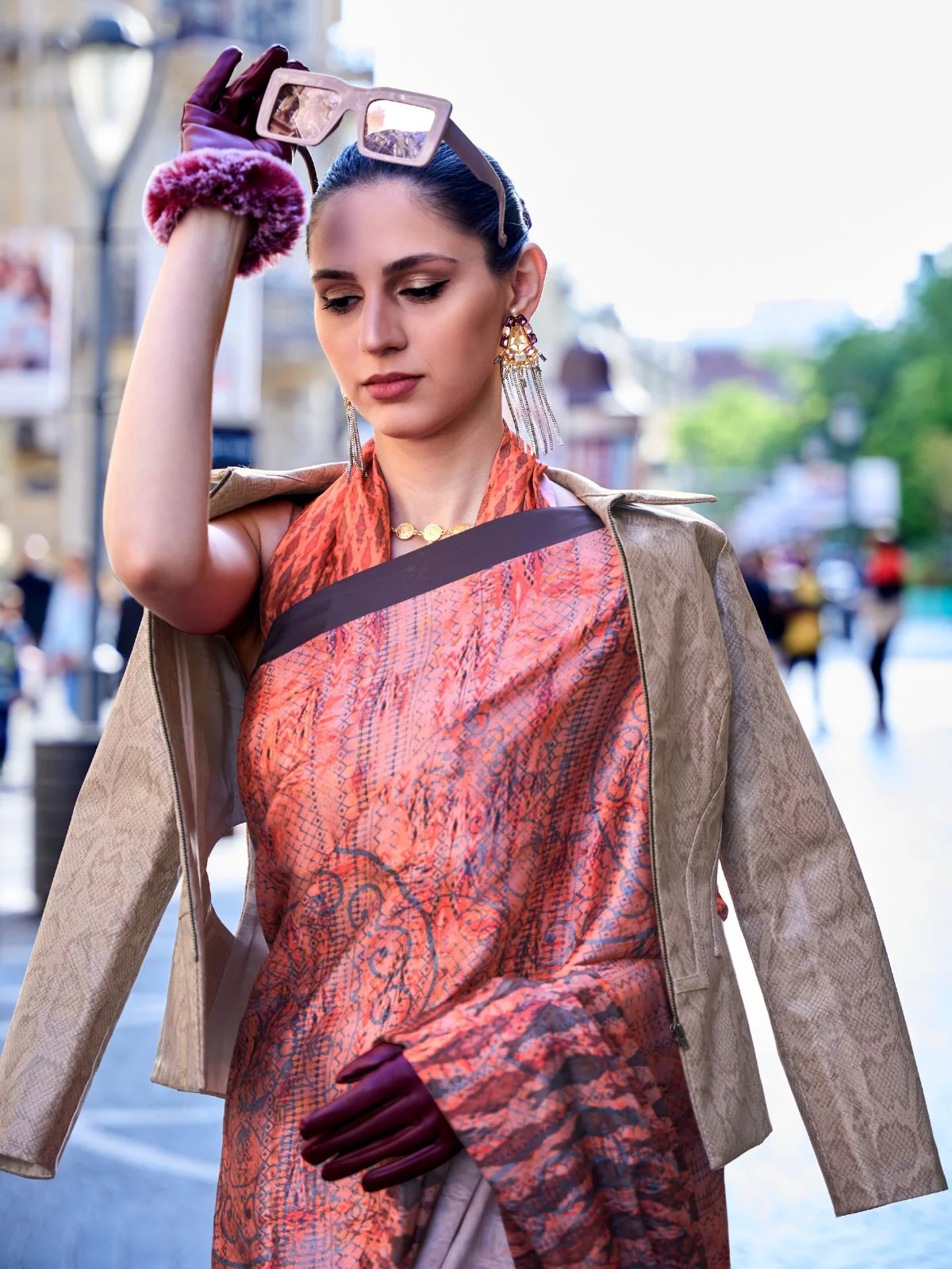 Odette Orange Satin Printed Saree With Unstitched Blouse For Women - Image 2