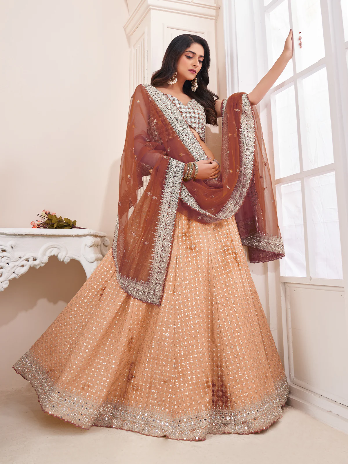 Odette Orange Shibori Crepe Embroidered Semi Stitched Lehenga With Unstitched Blouse for Women - Image 2