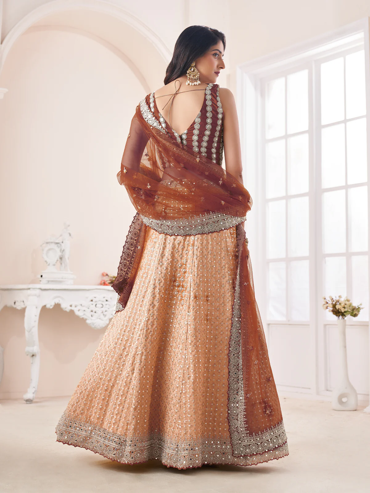 Odette Orange Shibori Crepe Embroidered Semi Stitched Lehenga With Unstitched Blouse for Women - Image 3