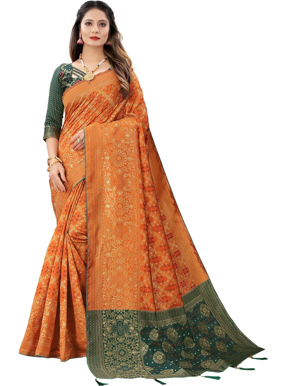 Odette Orange Silk Blend Embellished Saree For Women