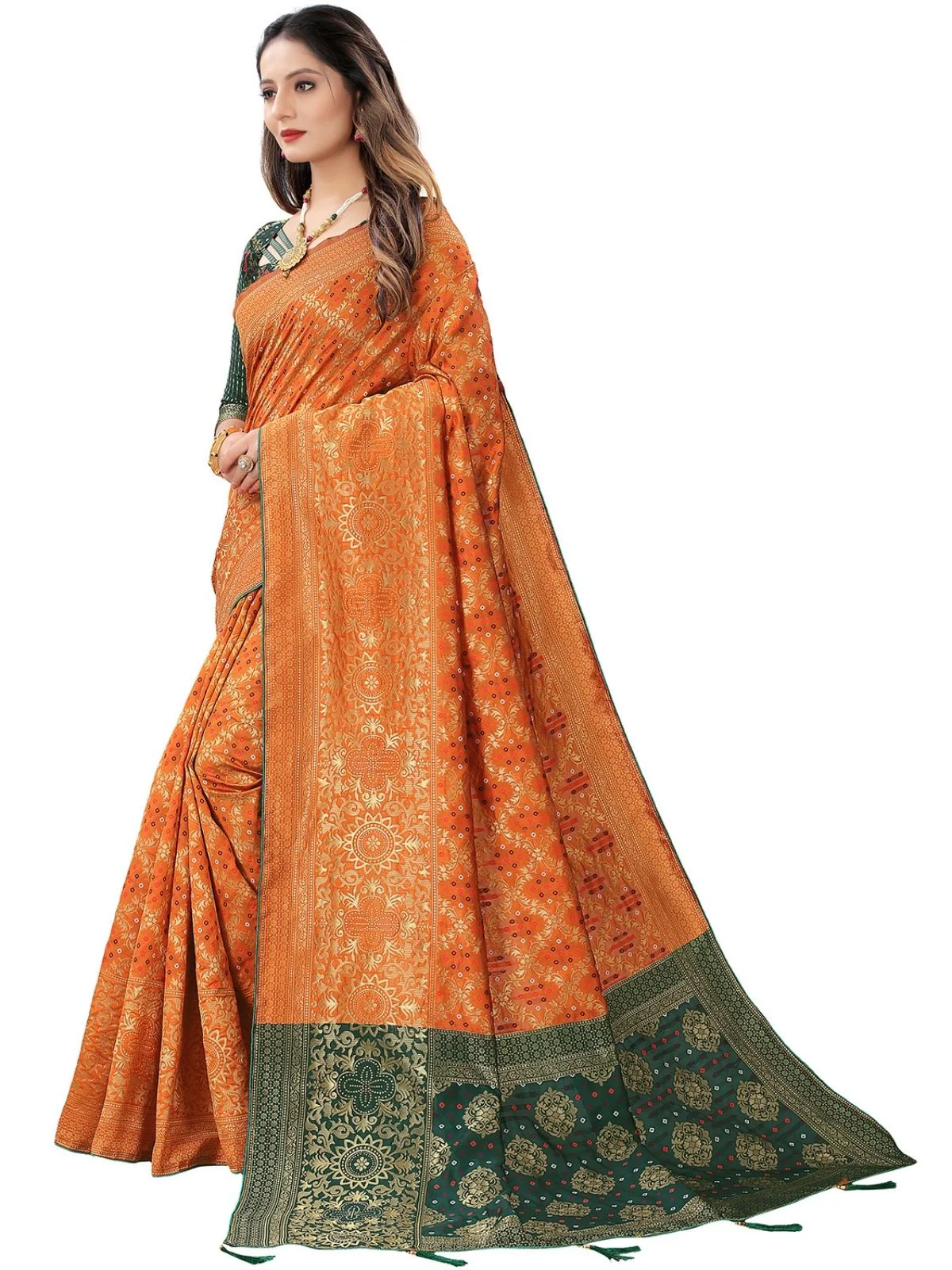 Odette Orange Silk Blend Embellished Saree For Women - Image 2
