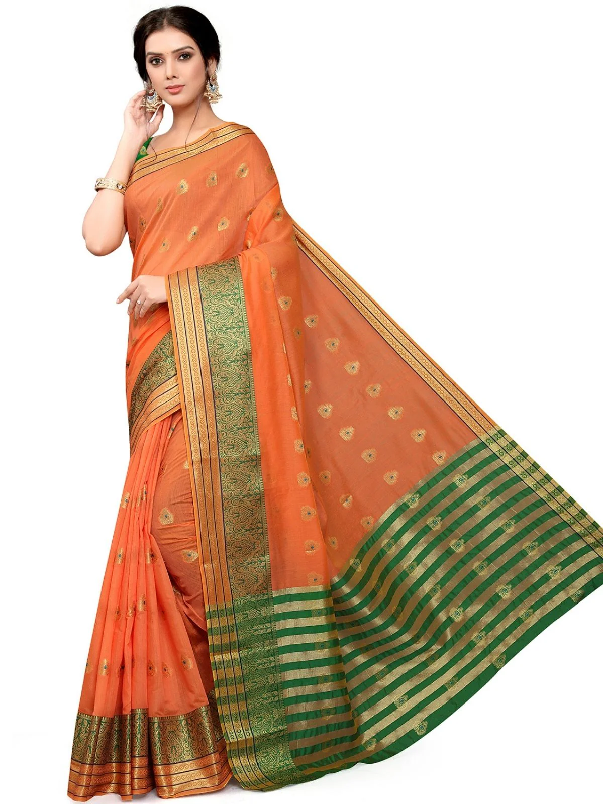 Odette Orange Silk Blend Embellished Saree For Women