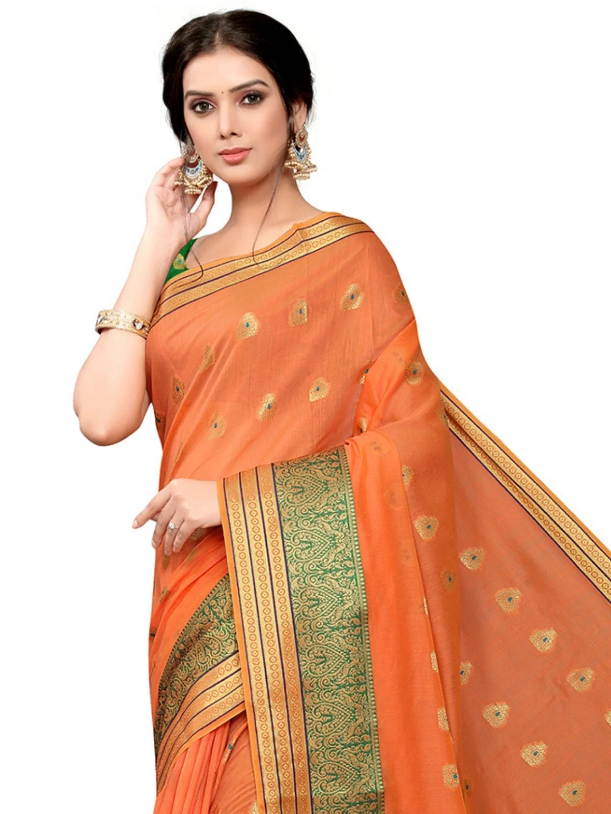 Odette Orange Silk Blend Embellished Saree For Women - Image 5