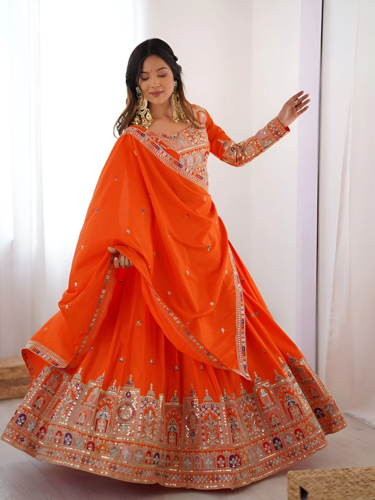 Odette Orange Silk Blend Embroidered Semi-Stitched lehenga For Women