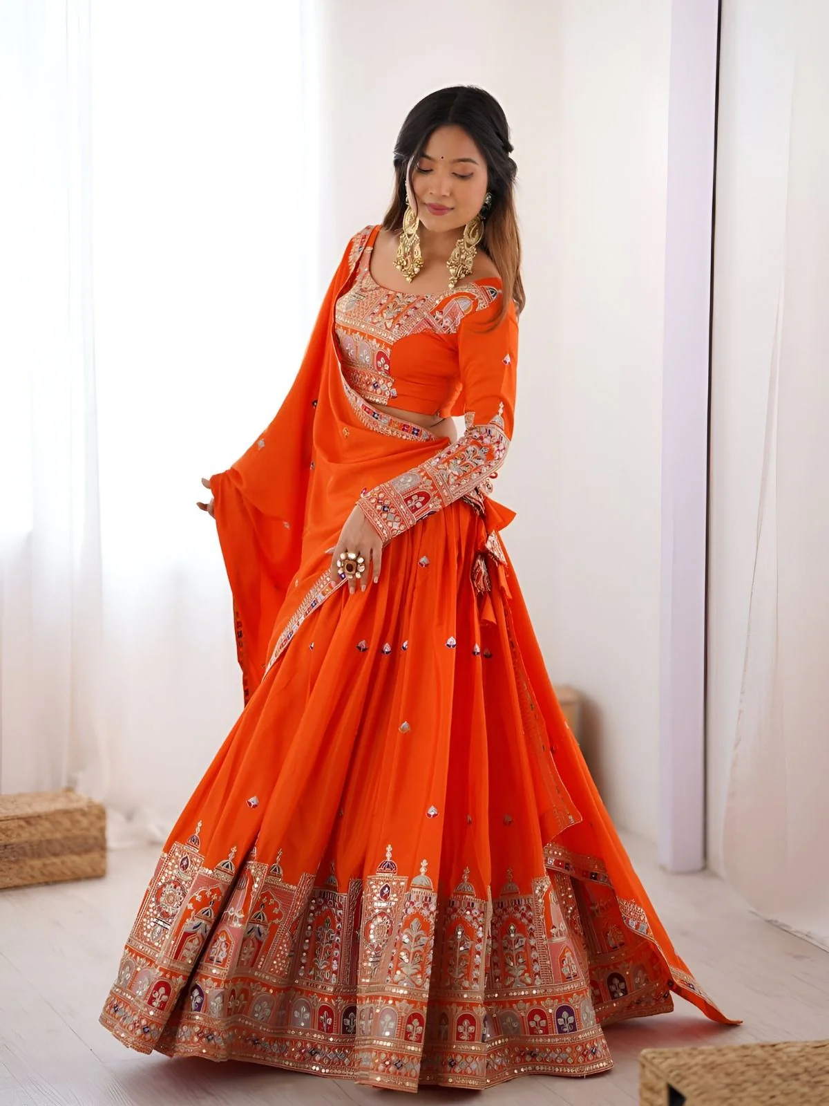 Odette Orange Silk Blend Embroidered Semi-Stitched lehenga For Women - Image 3