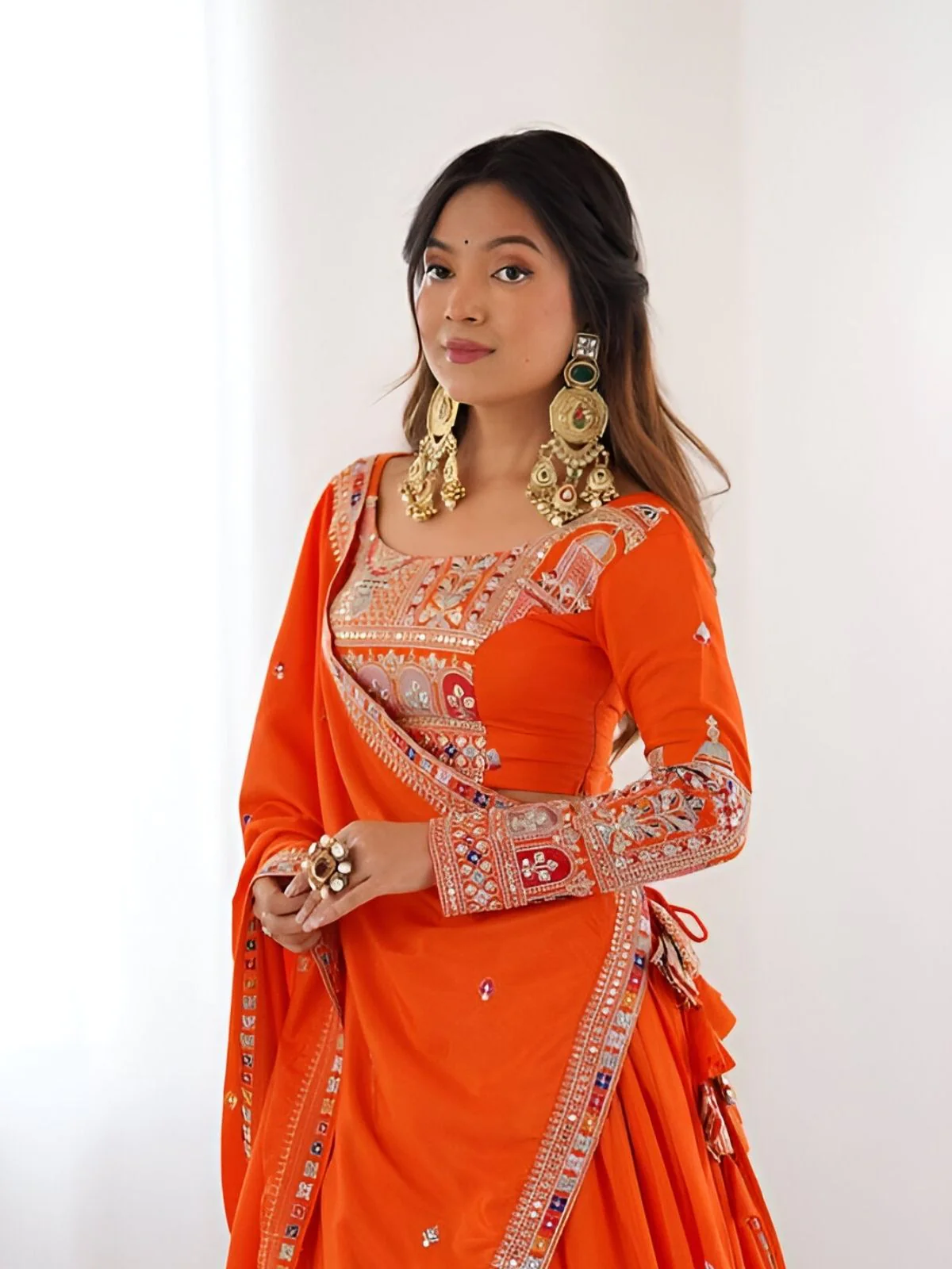 Odette Orange Silk Blend Embroidered Semi-Stitched lehenga For Women - Image 5