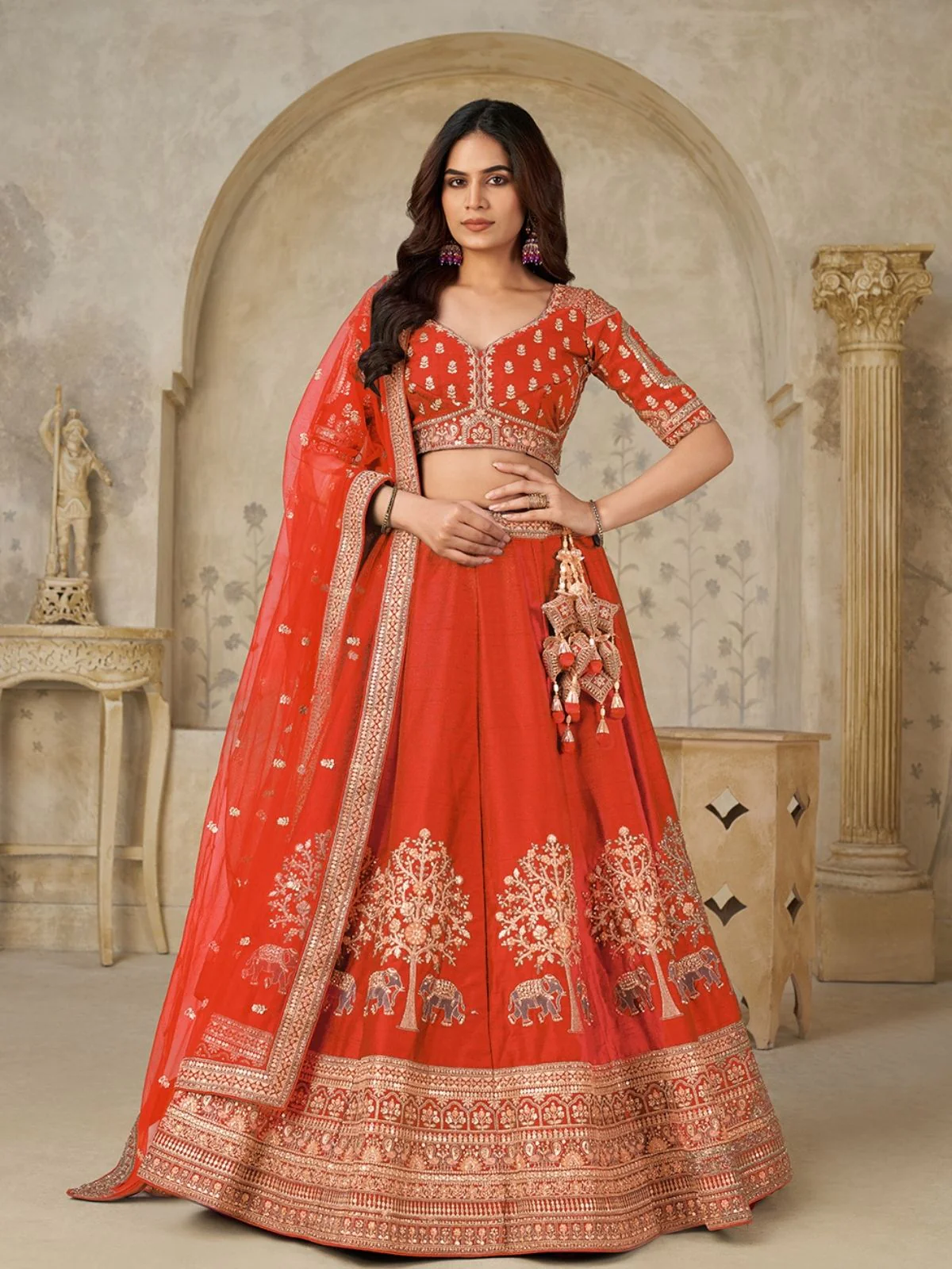 Odette Orange Silk Blend Embroidered Semi-Stitched Lehenga For Women