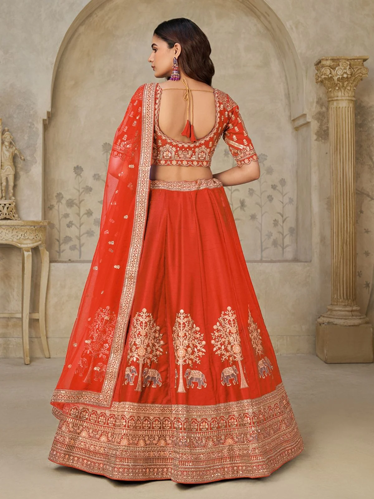 Odette Orange Silk Blend Embroidered Semi-Stitched Lehenga For Women - Image 2