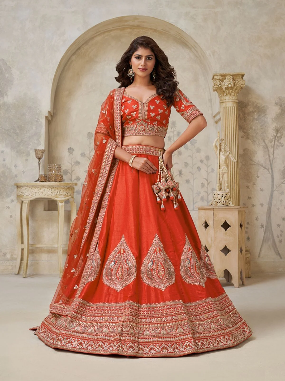 Odette Orange Silk Blend Embroidered Semi-Stitched Lehenga For Women