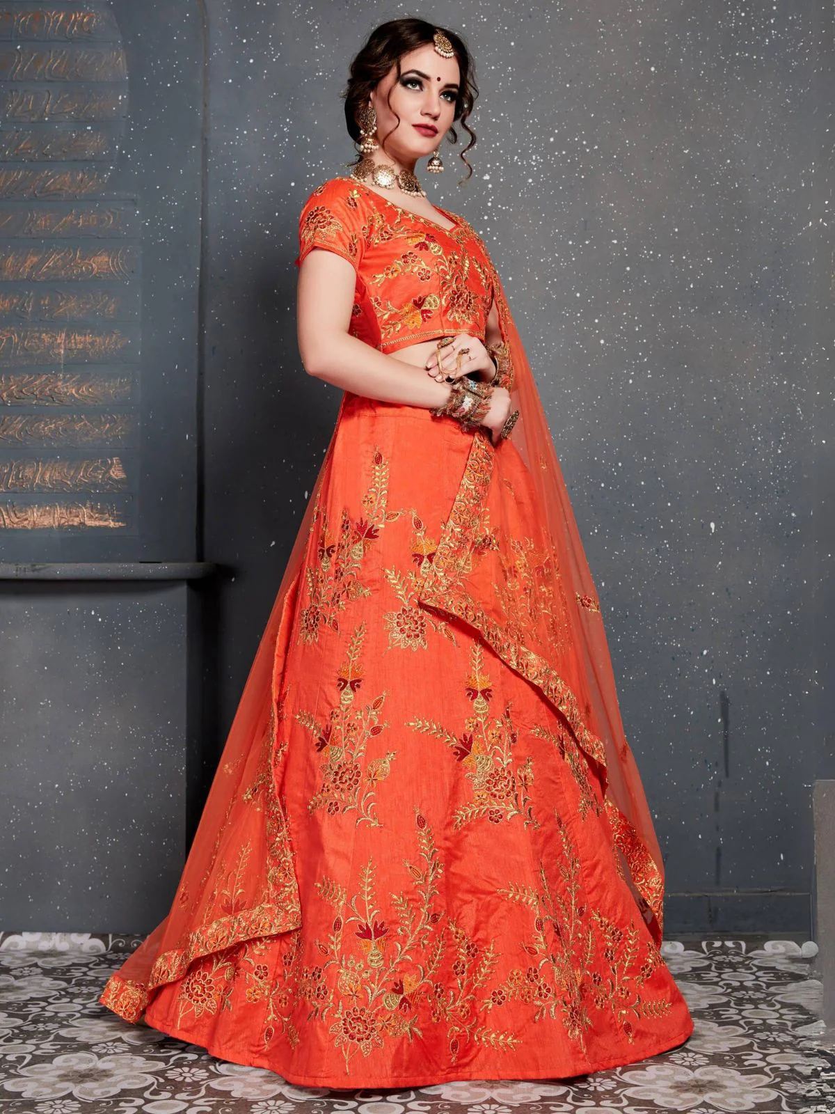 Odette Orange Silk Blend Embroidered Semi Stitched Lehenga With Blouse For Women - Image 2