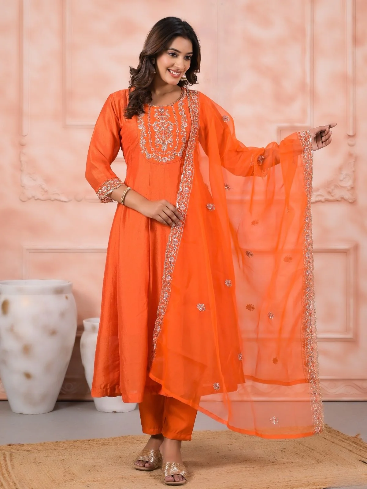 Odette Orange Silk Blend Embroidered Stitched Kurta Set For Women - Image 2