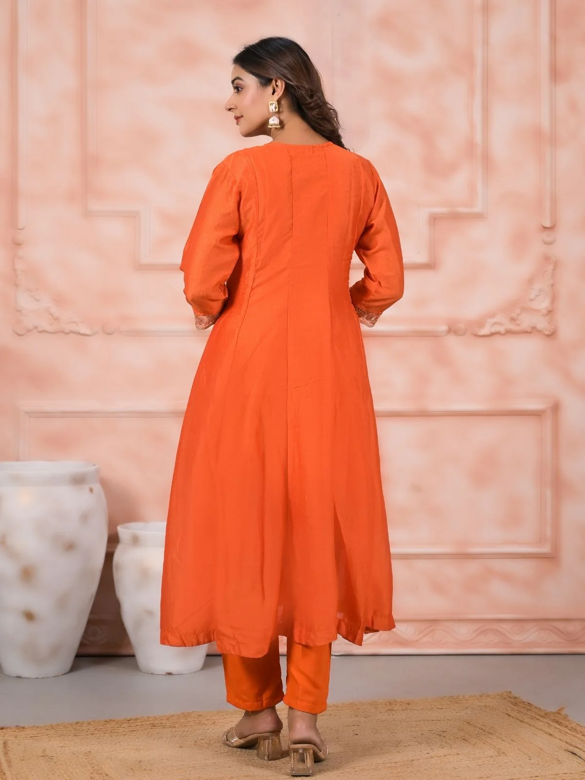 Odette Orange Silk Blend Embroidered Stitched Kurta Set For Women - Image 3