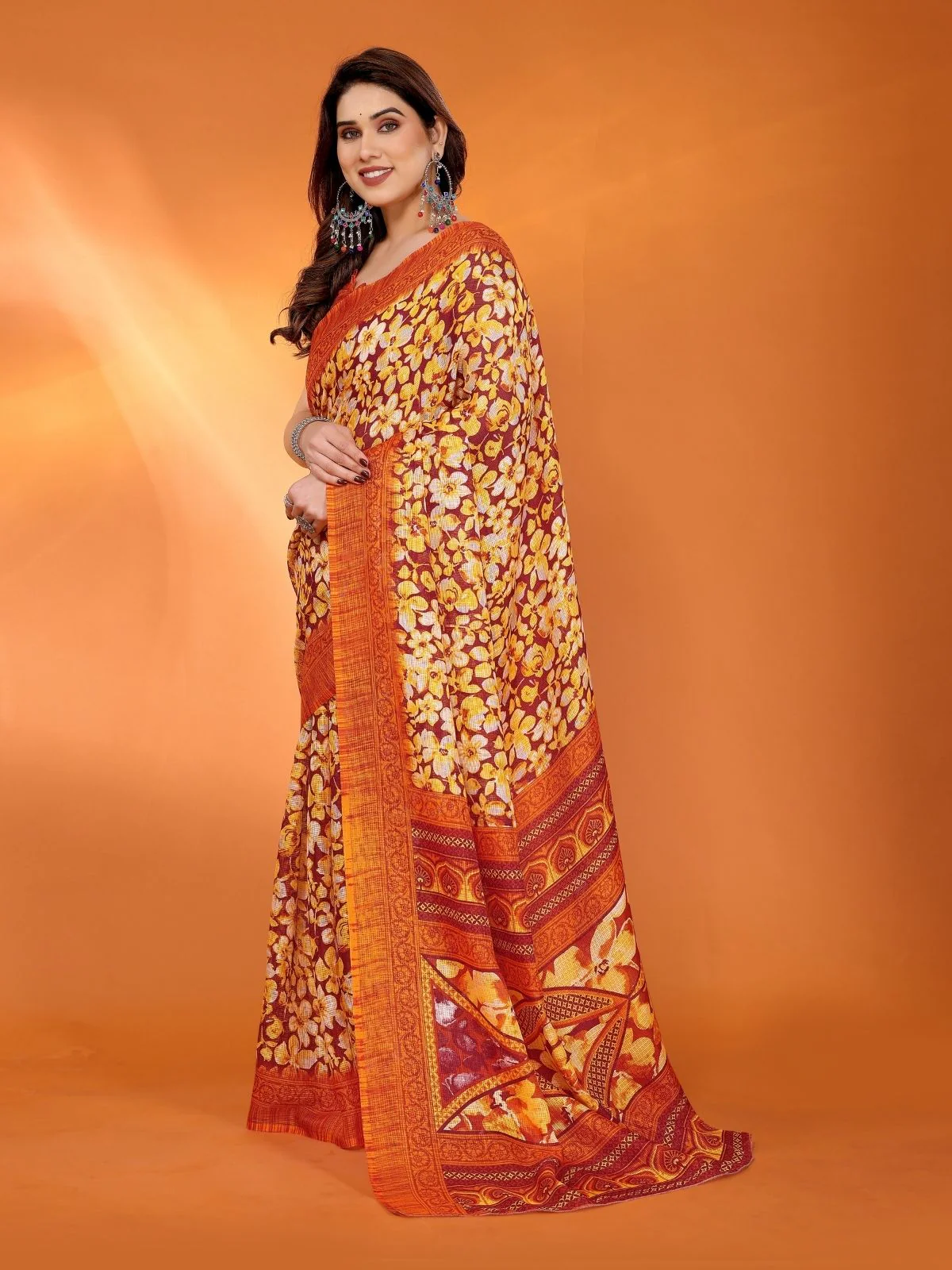Odette Orange Silk Blend Printed Saree For Women - Image 2