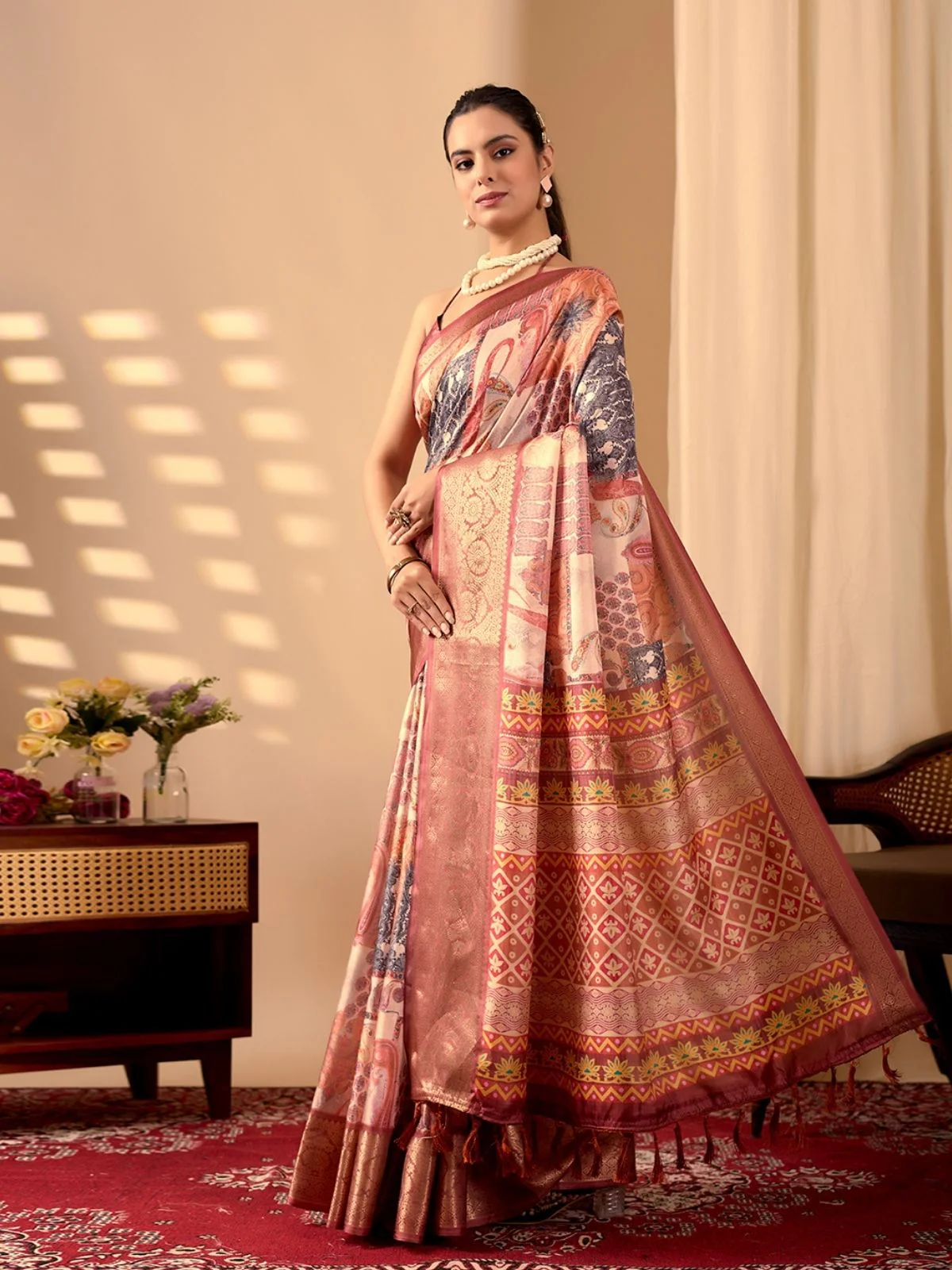 Odette Orange Silk Blend Printed Saree For Women - Image 2