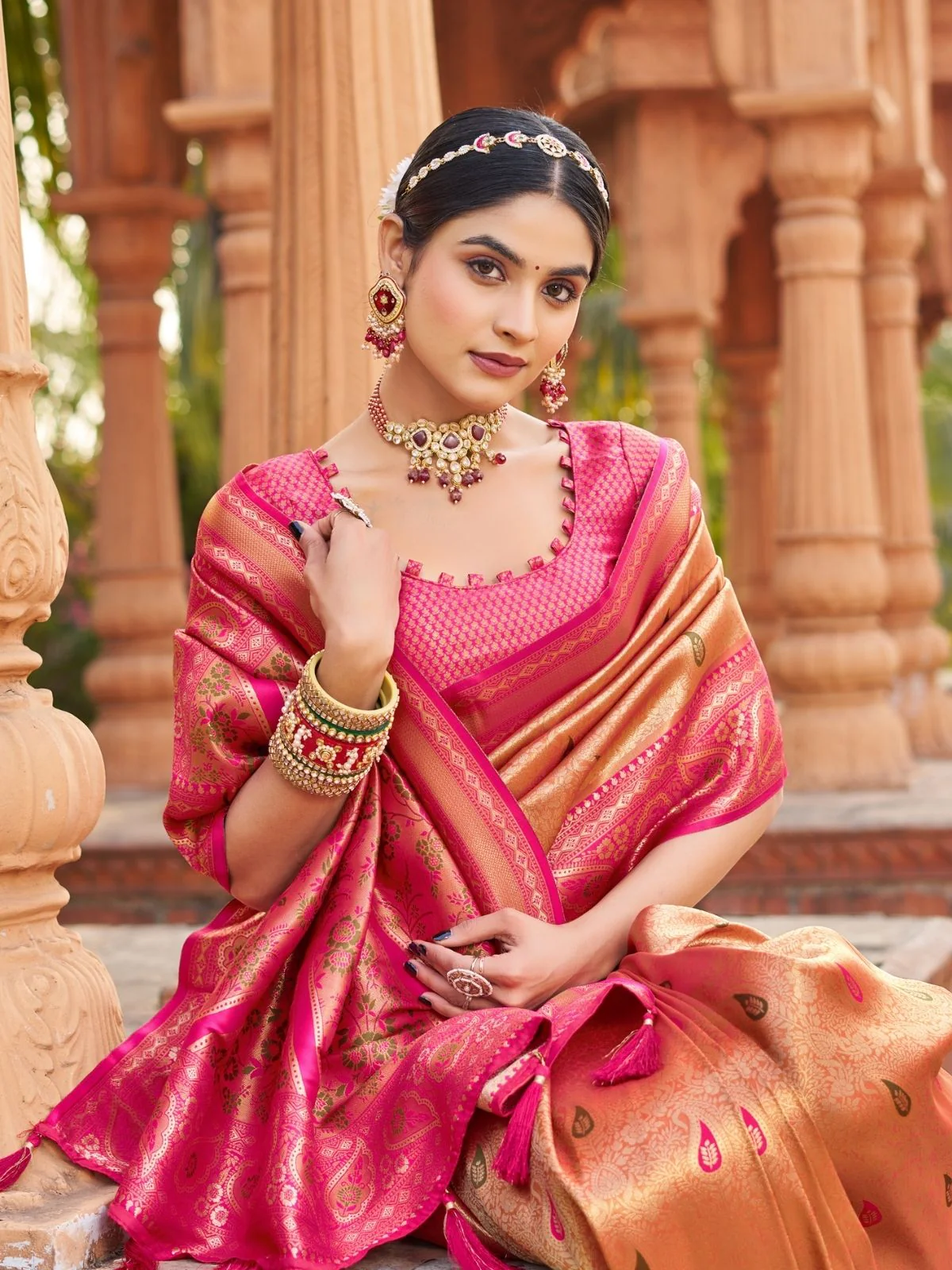 Odette Orange Silk Blend Woven Banarasi Saree For Women - Image 4