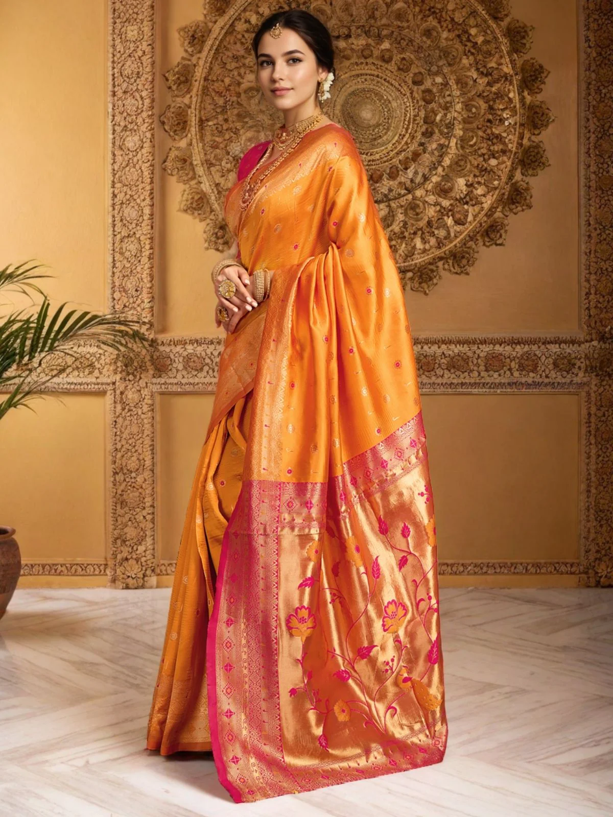 Odette Orange Silk Blend Woven Pithani Saree For Women - Image 2