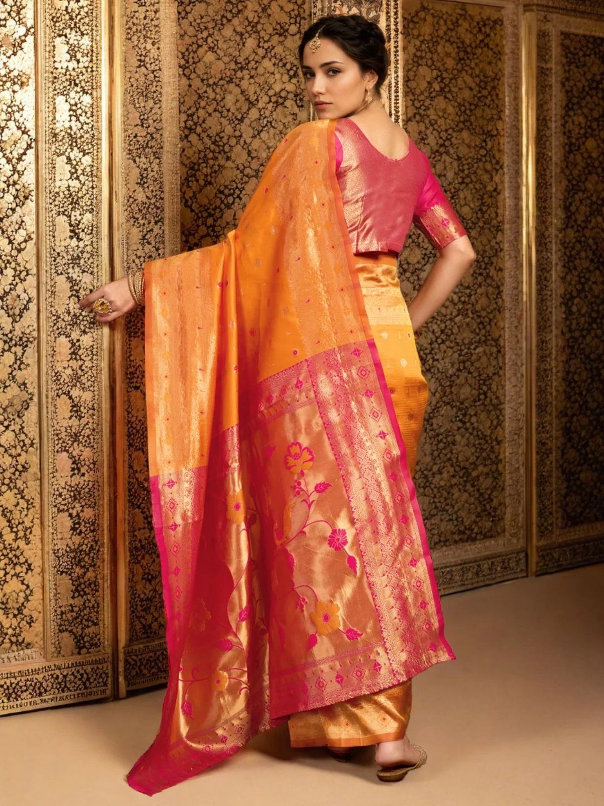 Odette Orange Silk Blend Woven Pithani Saree For Women - Image 4